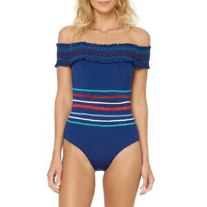 Red Carter Navy Off Shoulder One Piece Smocked Ric Rac Y2K Swim Size 4